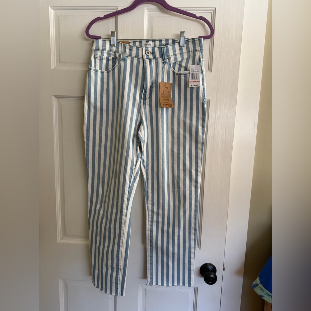 Kensie Blue and White Striped Straight Leg Jeans